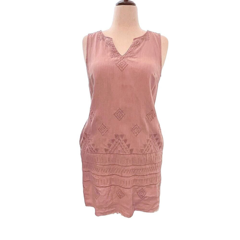 Artisan NY Coral Embroidered Linen Dress Size Medium Boho Peasent Shift Mini